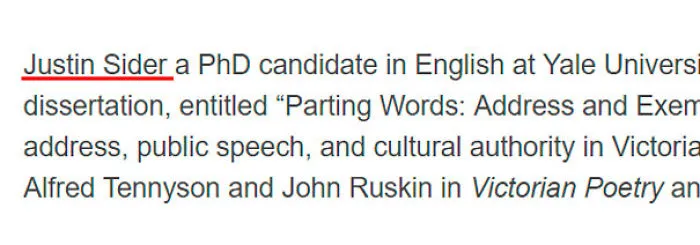 Funny name example: "Justin Sider" highlighted in text about an English PhD candidate's dissertation at Yale University.