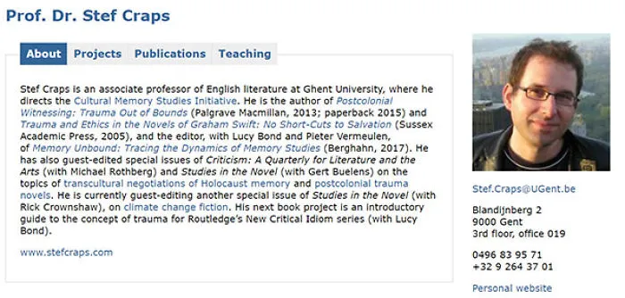 Profile of Prof. Dr. Stef Craps, an English literature professor, with contact information and academic interests.