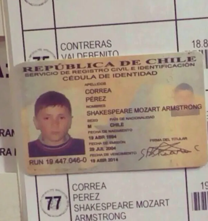 Chilean ID card showing a person named Shakespeare Mozart Armstrong, illustrating funny names.
