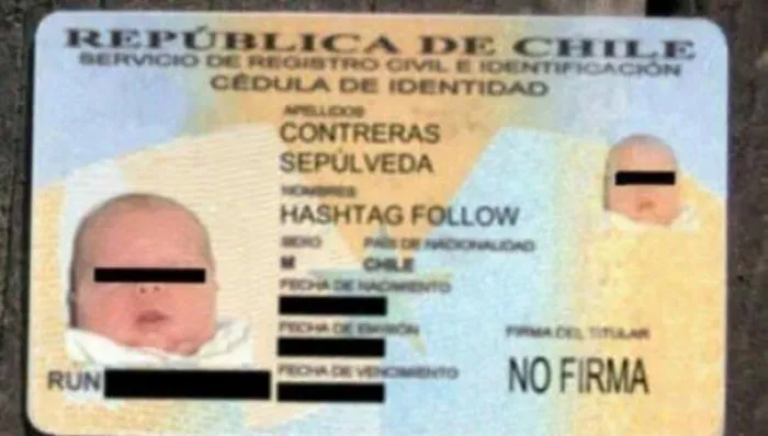 Chilean ID card with funny name "Hashtag Follow" for a baby.