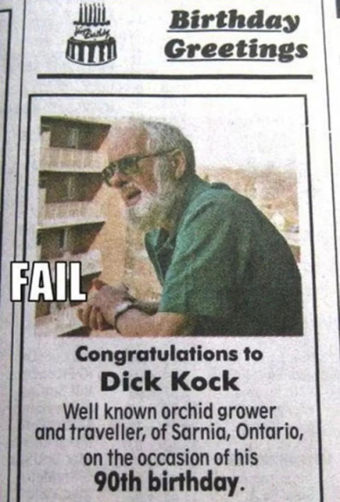 Birthday greeting for Dick Kock, highlighting a humorous name in a newspaper ad.