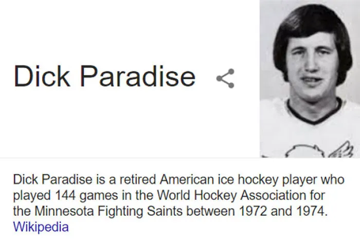 Black and white photo of ice hockey player Dick Paradise with a humorous name.