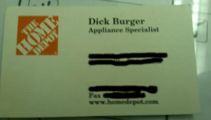 Business card for Dick Burger, appliance specialist, showcasing a funny name.