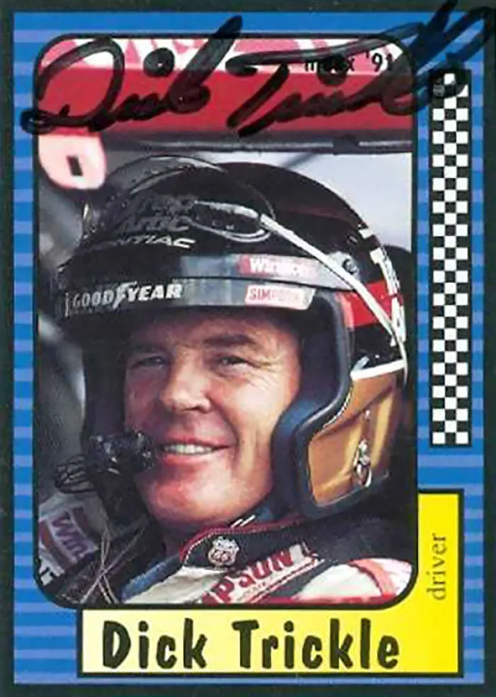 Driver trading card featuring Dick Trickle with a funny name, wearing a racing helmet.