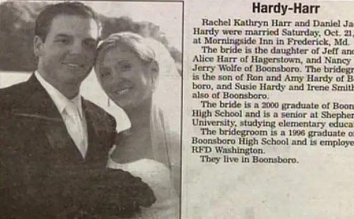 A wedding announcement featuring a couple with a funny last name, Hardy-Harr.