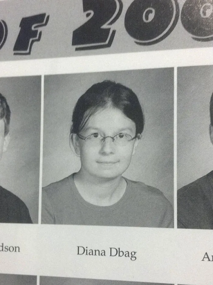 Person with glasses in yearbook photo, illustrating a funny name.