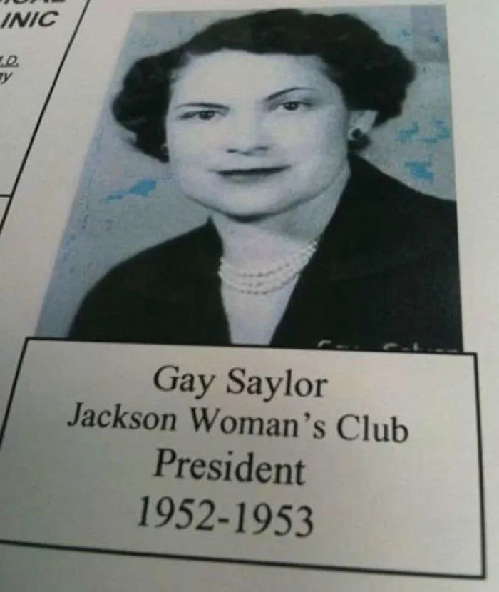 Portrait of Gay Saylor, Jackson Woman's Club President from 1952-1953. Funny names in historical context.