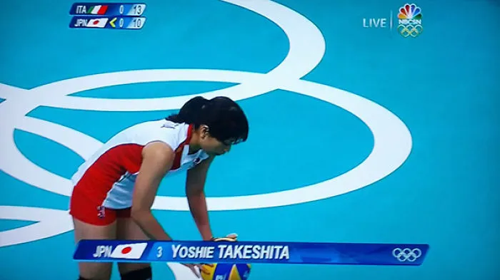 Volleyball player Yoshie Takeshita in action at the Olympics, a highlight from funny names in sports.