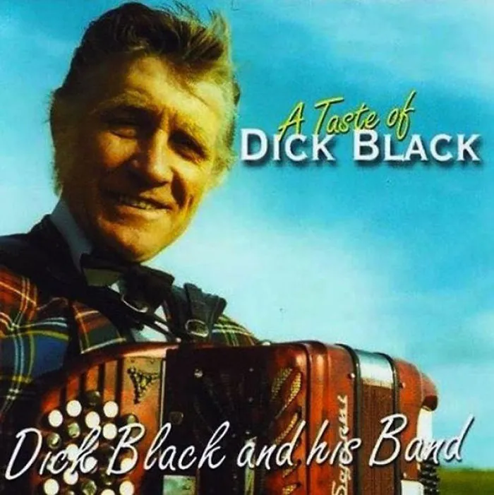 Man in plaid suit holding an accordion with "A Taste of Dick Black" text, illustrating funny names.