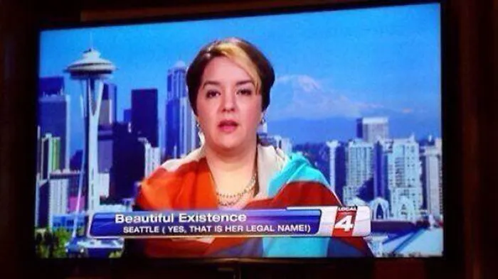 A woman named Beautiful Existence on a Seattle news broadcast discussing funny names.