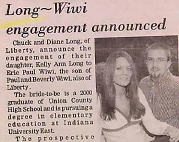 Newspaper clipping of Long-Wiwi engagement announcement featuring a couple. Funny names highlighted.