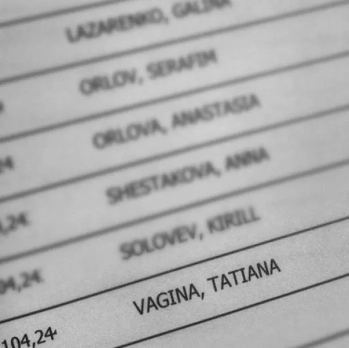 List of funny names, featuring "Vagina, Tatiana" in bold text on a document.