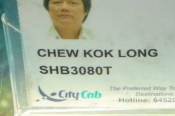 Funny name badge for CityCab driver with ID and contact number.