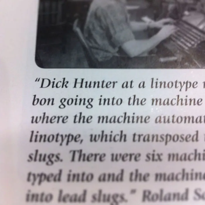 A person named Dick Hunter at a linotype machine, illustrating an example from funny names list.