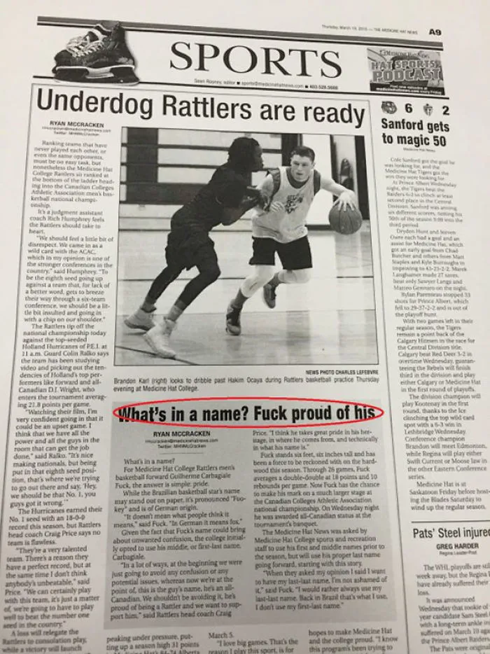 Sports newspaper highlighting funny names with basketball players in a college gym.