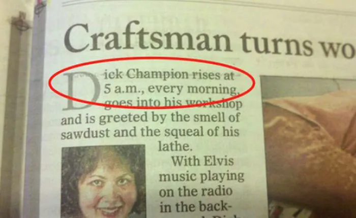 Newspaper article featuring a humorous name, Dick Champion, highlighted in red.