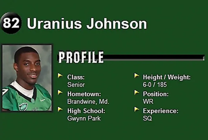 Profile of football player Uranius Johnson with details like class, hometown, and position.