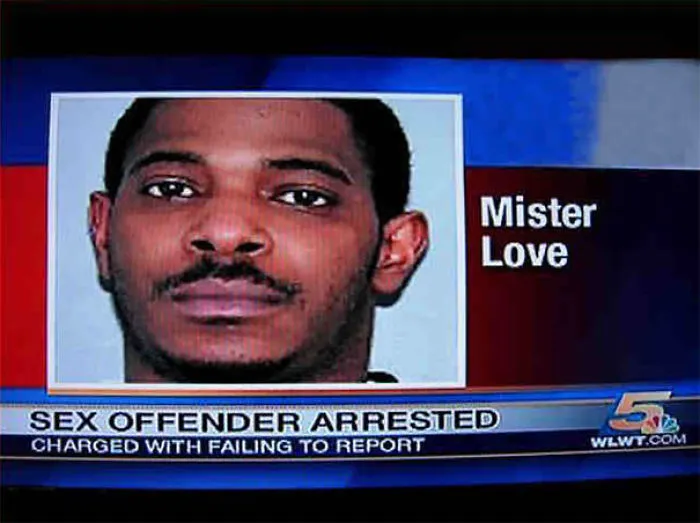 Mugshot image with the name "Mister Love" in a news report, featuring a humorous name.