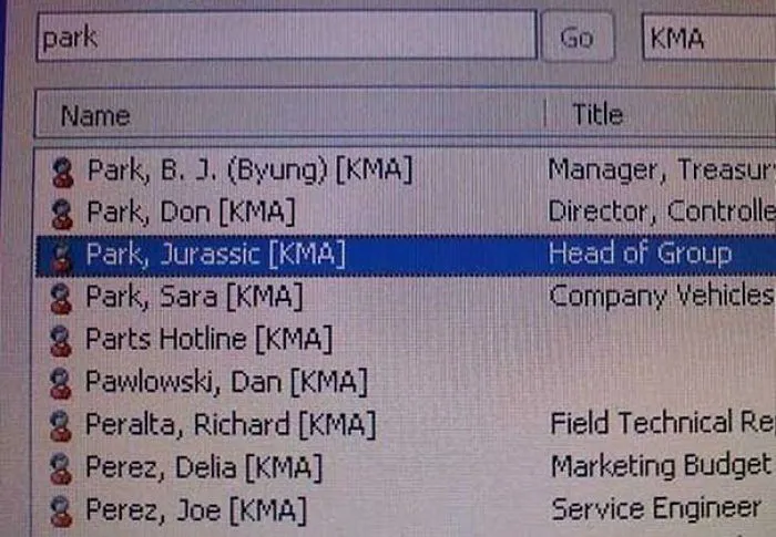 Computer directory showing a list of funny names, including "Park, Jurassic" as Head of Group.