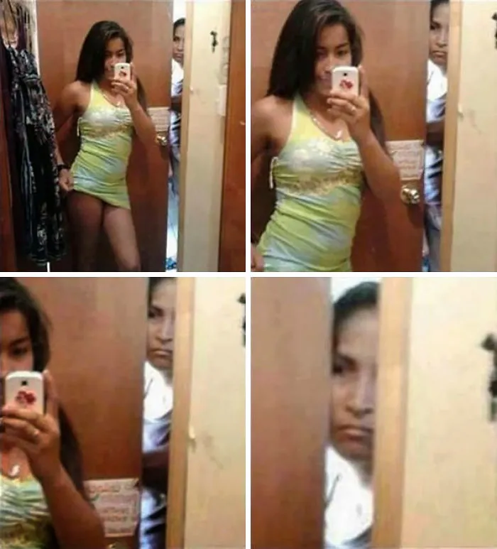 Woman taking selfie, sneaky person on the background 