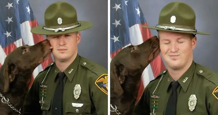 K9 Won't Stop Kissing His Partner During Official  Photo Shoot, Then Finally Does A Serious One