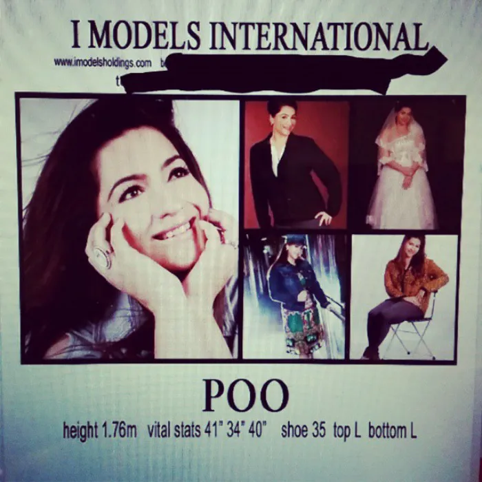 Modeling portfolio collage with funny name and various outfits, including a suit and wedding dress.