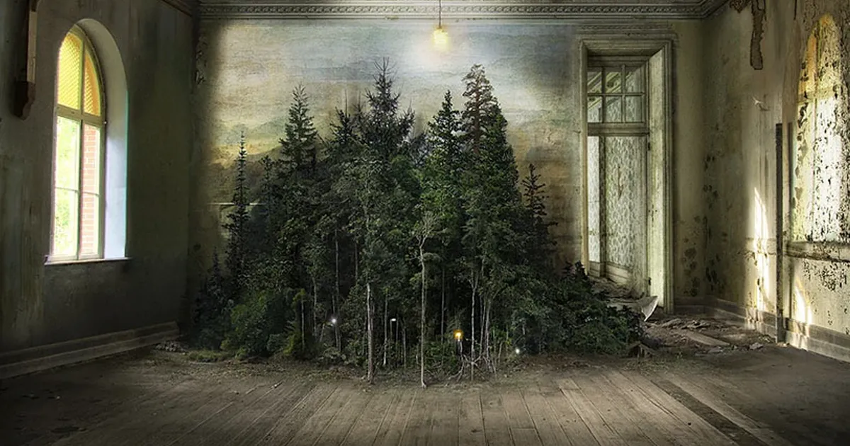 Esta artista utiliza una técnica de hace 110 años para crear surreales fotomontajes con paisajes en interiores