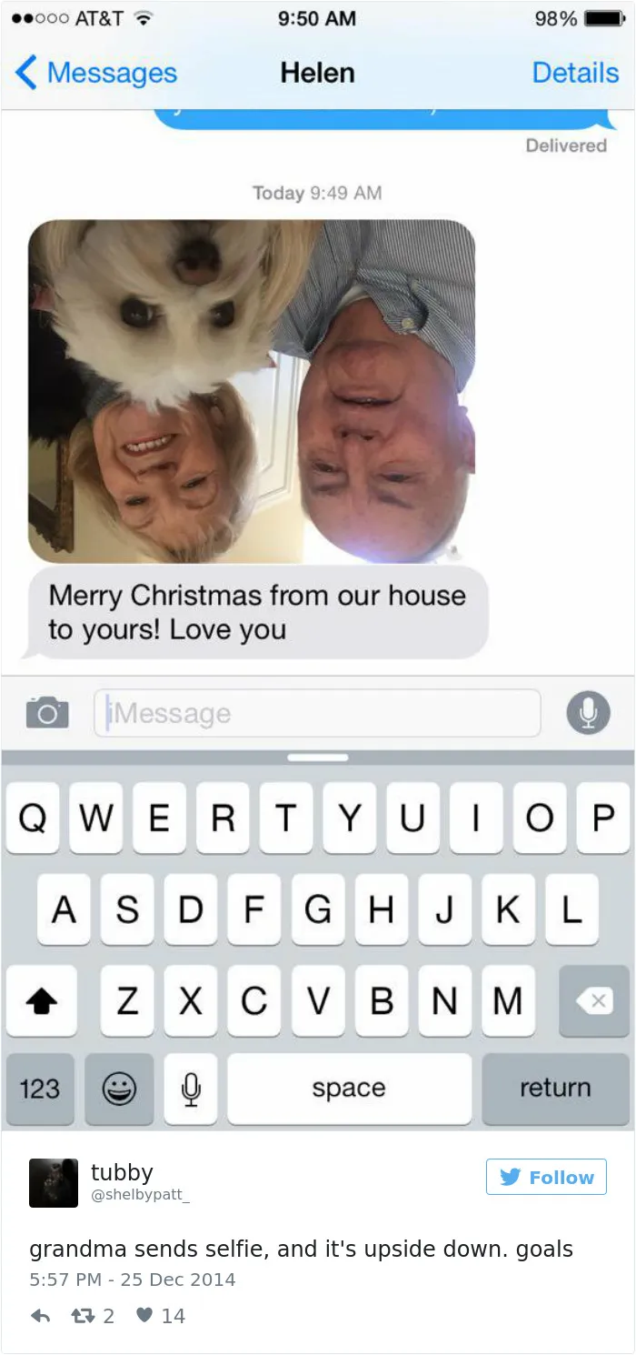 Older person mistakenly sends upside-down selfie with a dog in a text message.