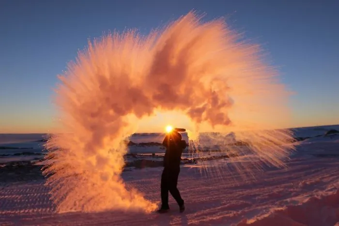 Hot Water Thrown Into The Air In Antarctica