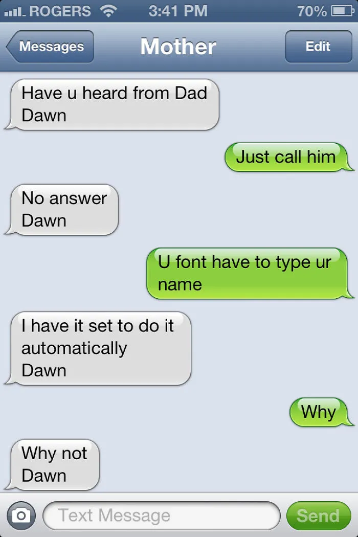A humorous text exchange showing older people failing at technology, with repeated name typing.