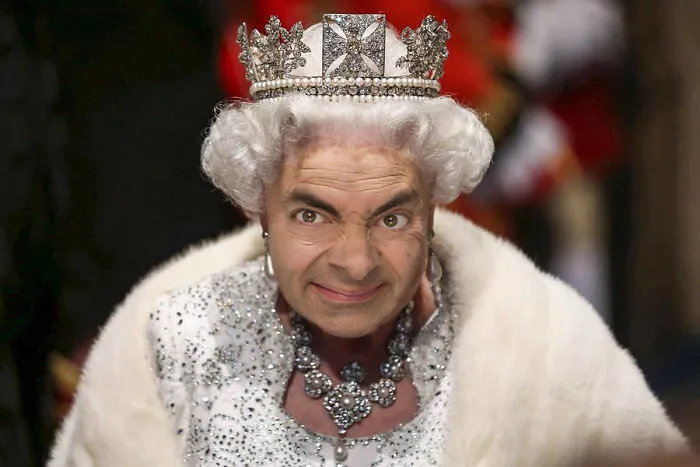Photoshopped image of Mr. Bean’s face on a queen wearing a crown and jeweled robe, hilarious editing.