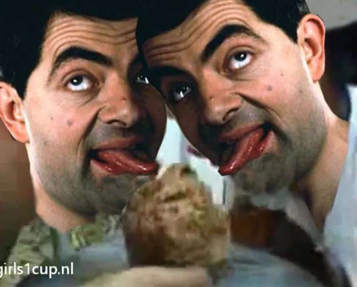 Photoshopped image of Mr. Bean with two faces making funny expressions, showcasing hilarious edits featuring Mr. Bean.