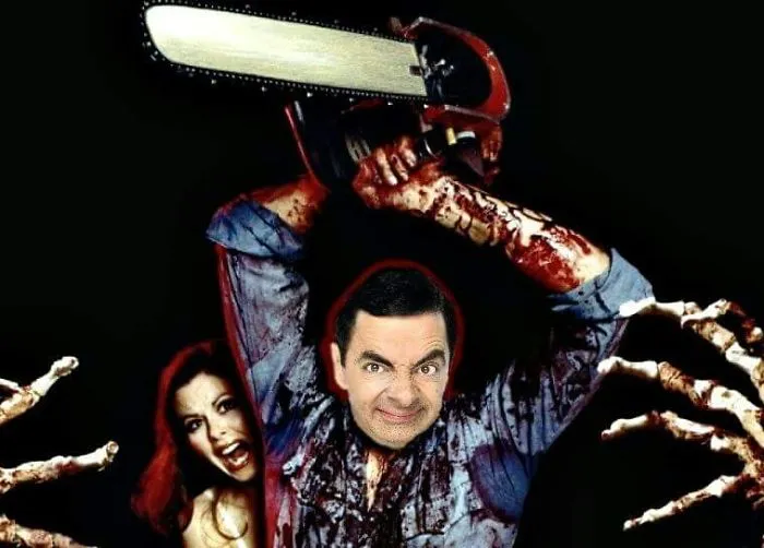 Mr. Bean photoshopped into a bloody horror scene wielding a chainsaw surrounded by skeleton hands and a frightened woman.