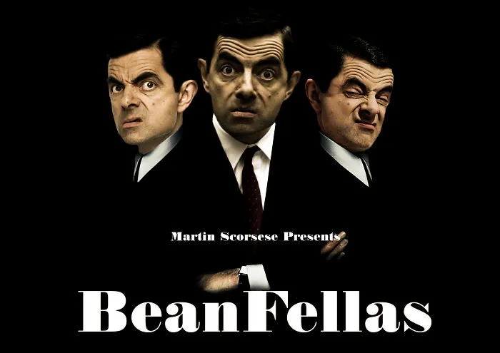 Three photoshopped images of Mr. Bean in a dark suit portraying different expressions in a BeanFellas parody poster.