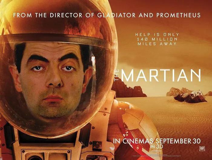 Mr. Bean photoshopped into a Mars astronaut suit in a humorous and creative edited movie poster.