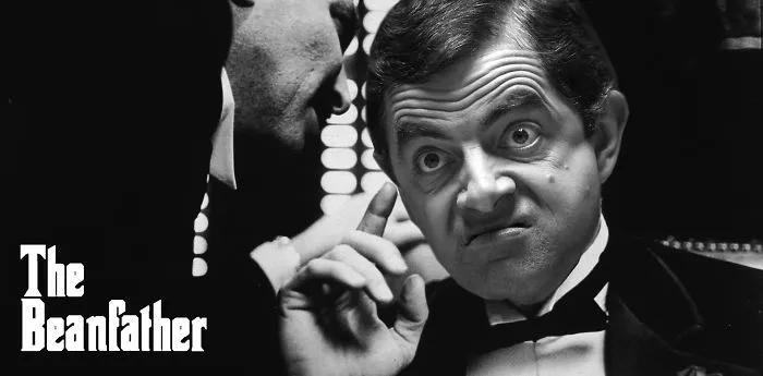 Mr. Bean photoshopped as a parody of The Godfather, wearing a tuxedo with a humorous facial expression.