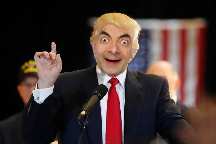 Man with Mr. Bean face photoshopped onto politician giving speech, demonstrating hilarious Mr. Bean Photoshop trend.