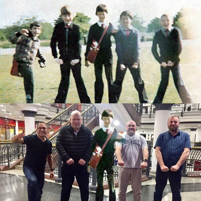 School Boys Aged 11 And Again As Mentioned Aged 48. The One In The Middle Couldn't Make It, So He Was Photoshopped In!