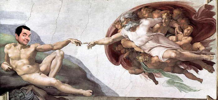 Mr. Bean photoshopped into The Creation of Adam painting, humorously replacing Adam's head in a classic artwork.