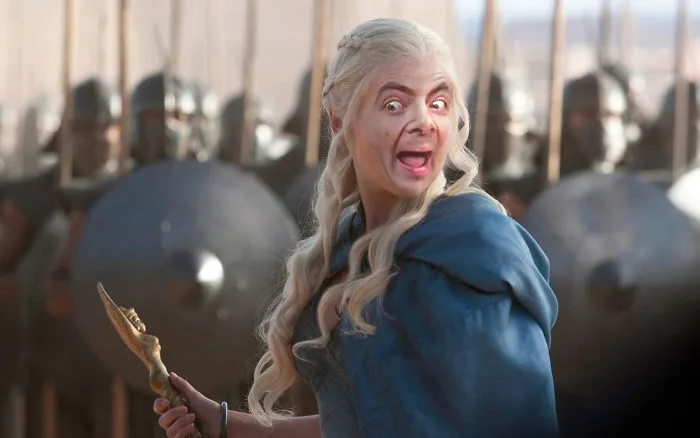 Scene from a fantasy show with Mr. Bean's face photoshopped onto a character, highlighting hilarious Mr. Bean edits.