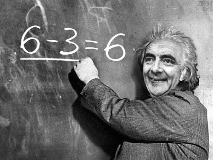 Black and white photo of a man with Mr. Bean photoshopped face writing a wrong math equation on a chalkboard.