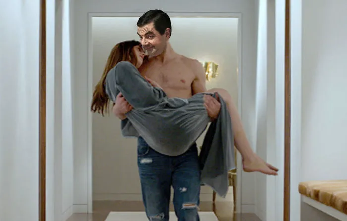 Mr. Bean photoshopped into a romantic scene, shirtless and carrying a woman in a hallway, funny Photoshop edit.
