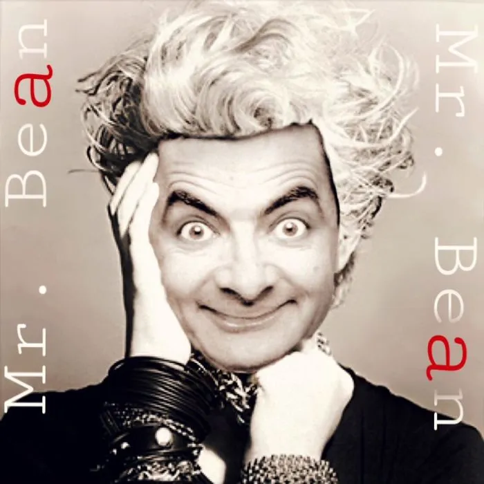 Mr. Bean photoshopped with exaggerated hair and expression, showcasing hilarious digital editing creativity.