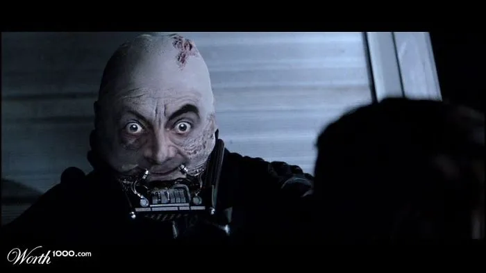 Mr. Bean photoshopped as a sci-fi villain with a mechanical mouthpiece in a dark, intense scene.