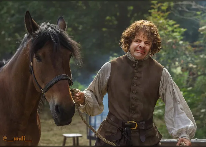 Mr. Bean photoshopped into a medieval outfit holding a horse in a forest setting, creating a hilarious scene.