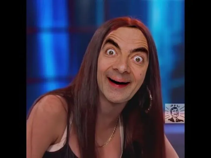 Photoshopped Mr. Bean face on a woman with long hair, showcasing hilarious and creative people edits.
