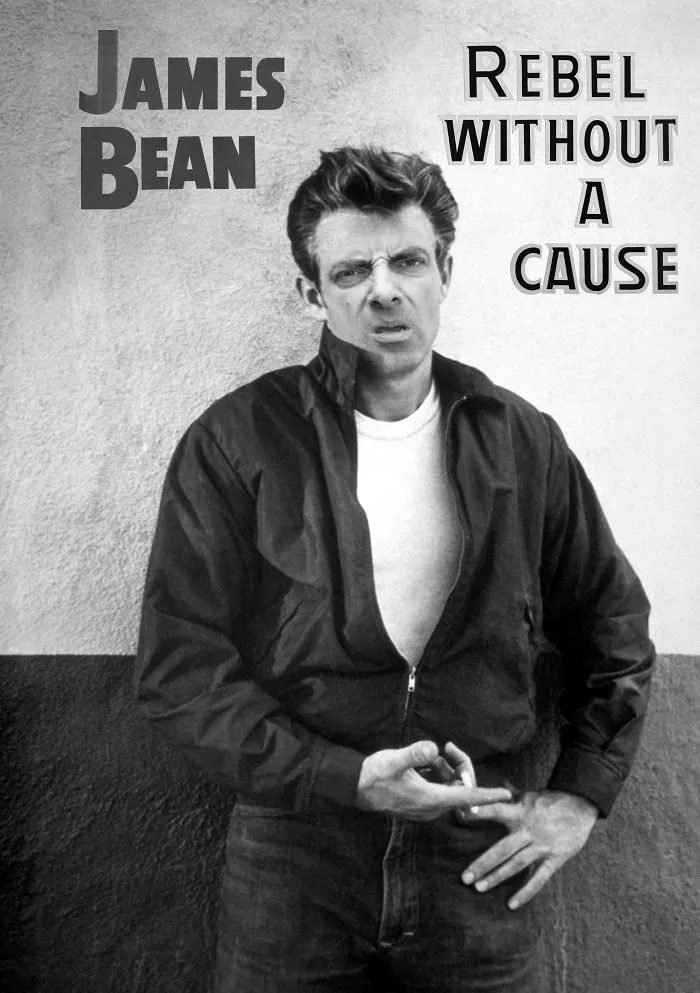 Black and white edited image of Mr. Bean’s face photoshopped onto a rebellious man’s body for hilarious effect.