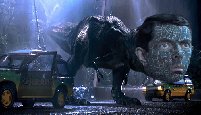 Dinosaur with a photoshopped Mr. Bean face towering over Jurassic Park cars in a hilarious edited scene.