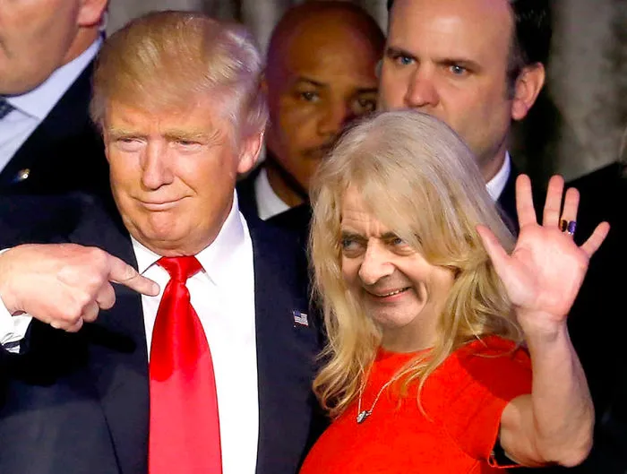 Donald Trump posing with a person photoshopped with Mr. Bean’s face, showcasing hilarious Photoshop edits.