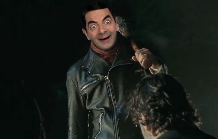 Mr. Bean photoshopped into a scene holding a bat, creating a hilarious and unexpected visual moment.